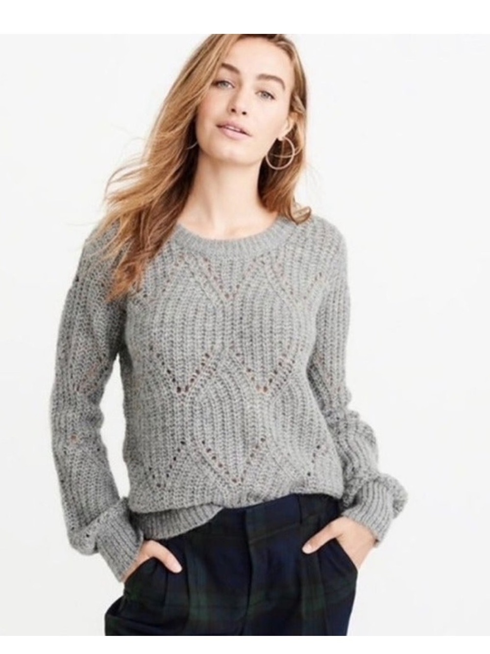 Abercrombie & Fitch Gray Puff Sleeve Chunky Knit Crewneck Sweater Size S